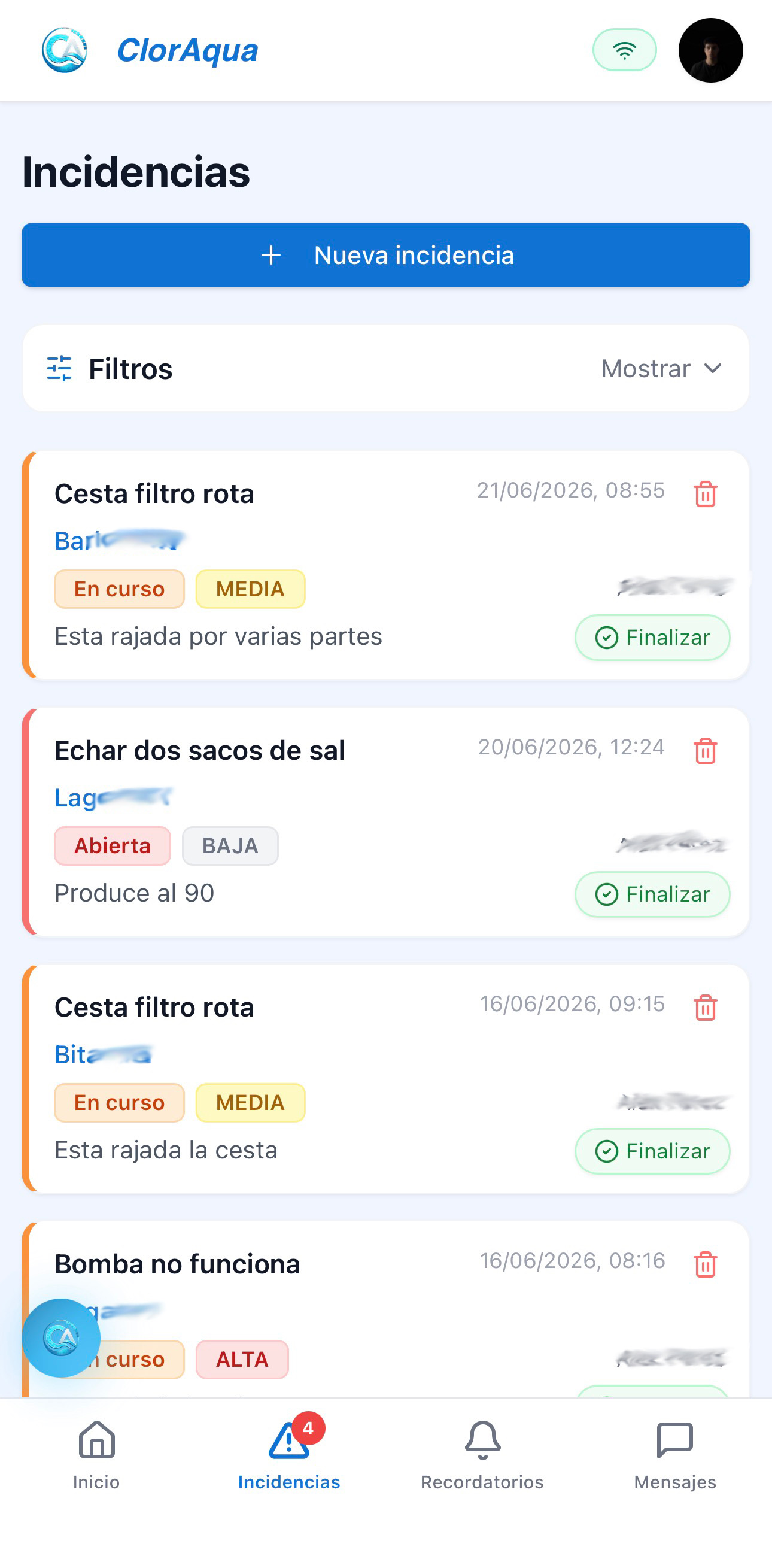 Incidencias en ClorAqua
