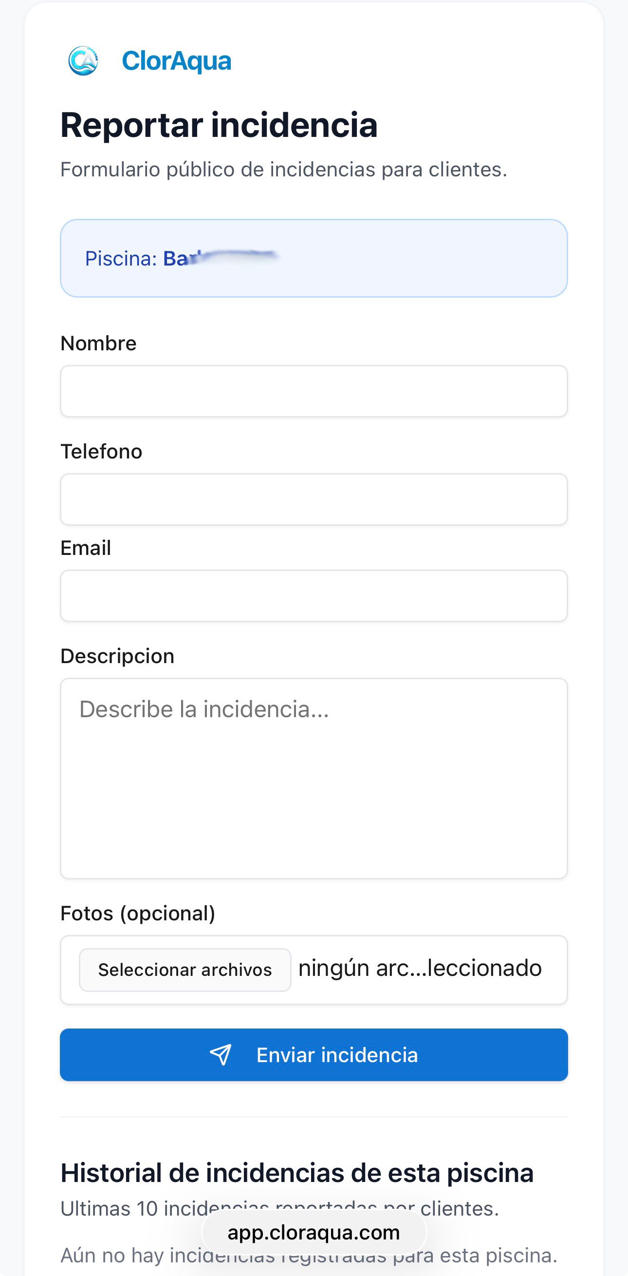 QR público de incidencias en ClorAqua