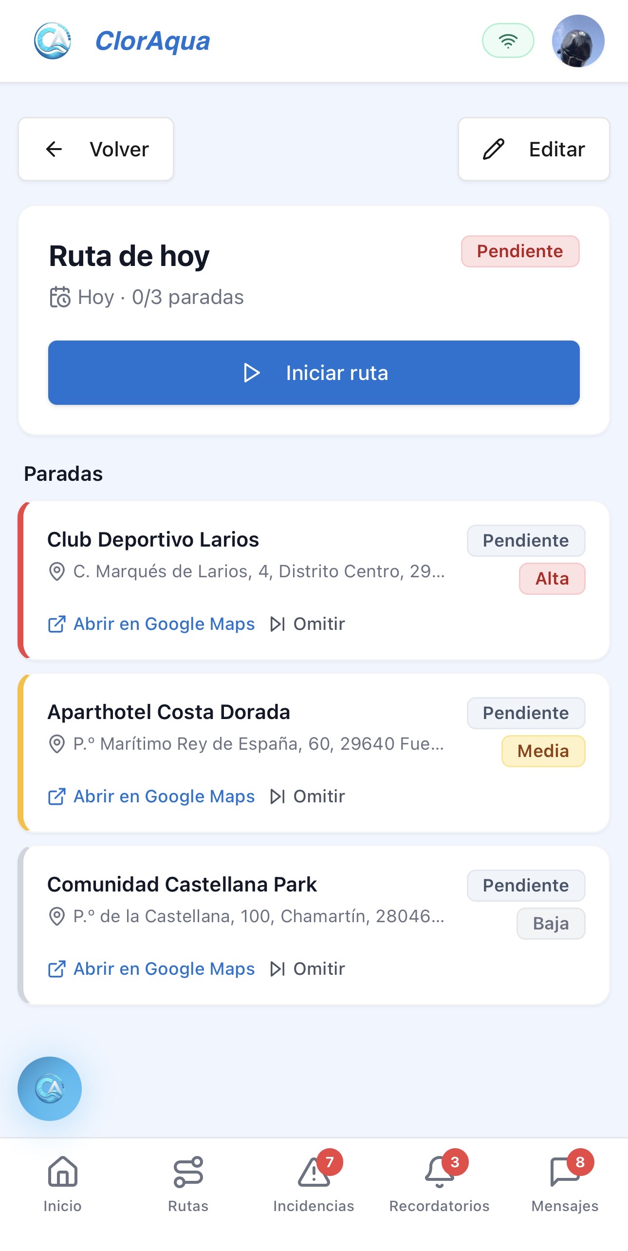 Detalle de ruta con paradas ordenadas y enlace a Google Maps