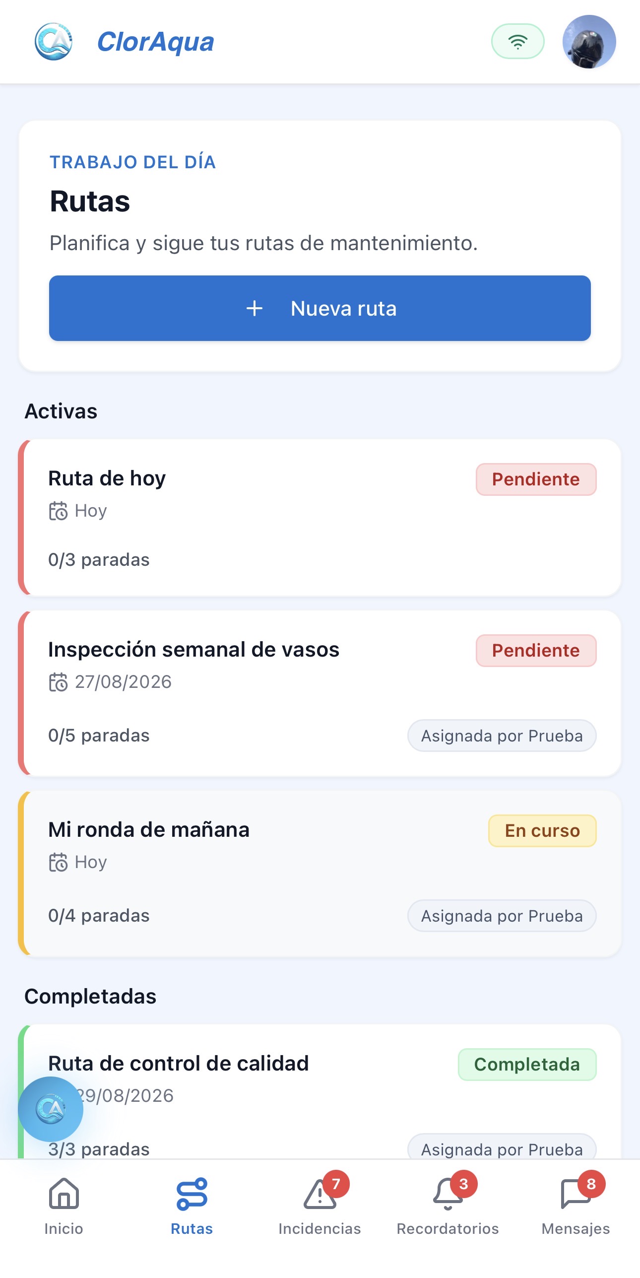 Lista de rutas del día en ClorAqua