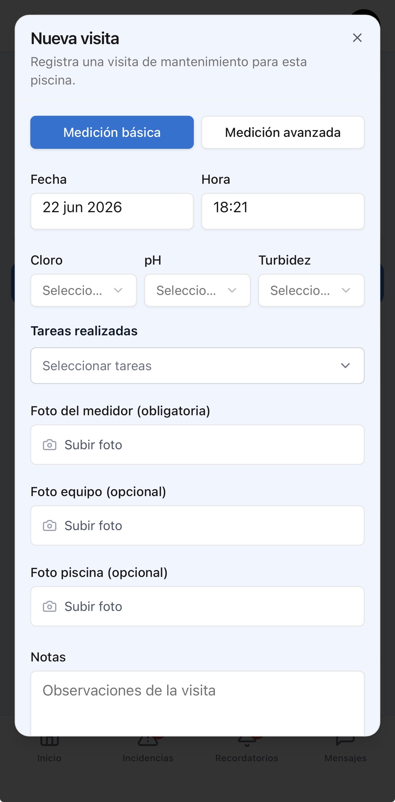 Registro de visita en ClorAqua